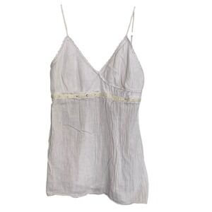 Y2K Anxiety‎ White Crinkle Gauze Lace Trim Babydoll Camisole Top Pearl Studded M